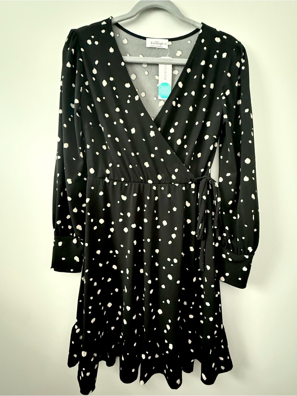 Kaileigh Black White Polka Dot Wrap Dress Long Sleeve Ruffle Hem V-Neck